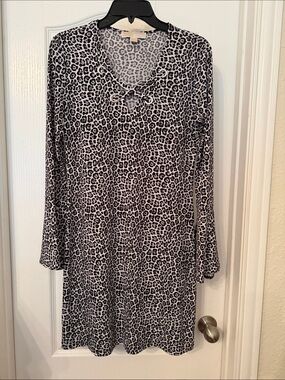 Michael Kors Gray/black Leopard Print Long bell Sleeve Dress with Lace-Up Neck